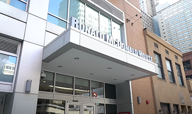 Ronald McDonald House exterior, city buildings in background